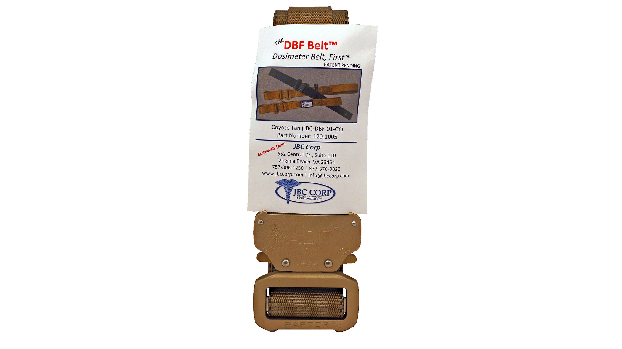Tan/Coyote rigger’s style belt with added nylon loop and metal hook to secure a ThermoLuminescent Dosimeter or TLD