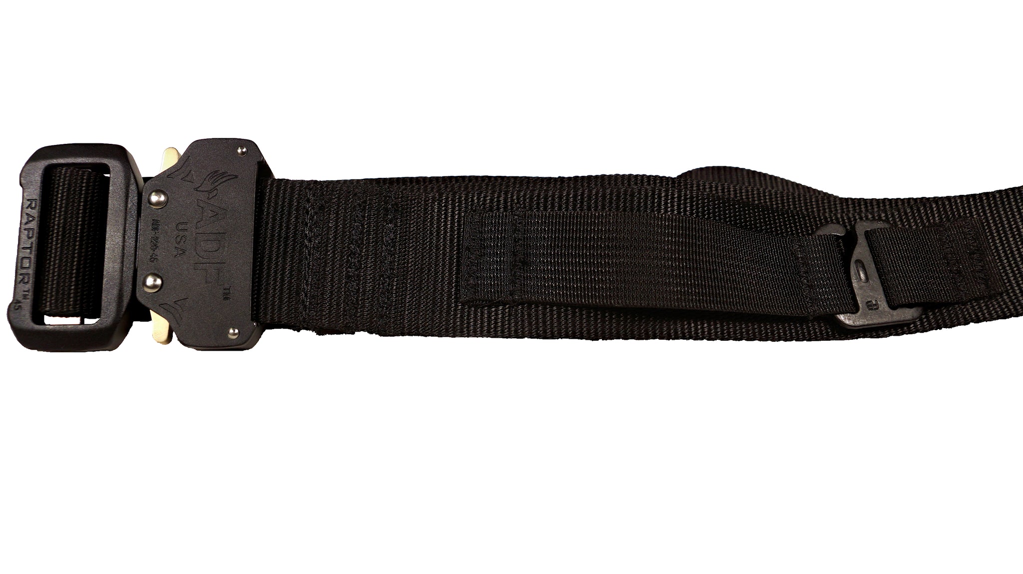 Black rigger’s style belt with added nylon loop and metal hook to secure a ThermoLuminescent Dosimeter or TLD.