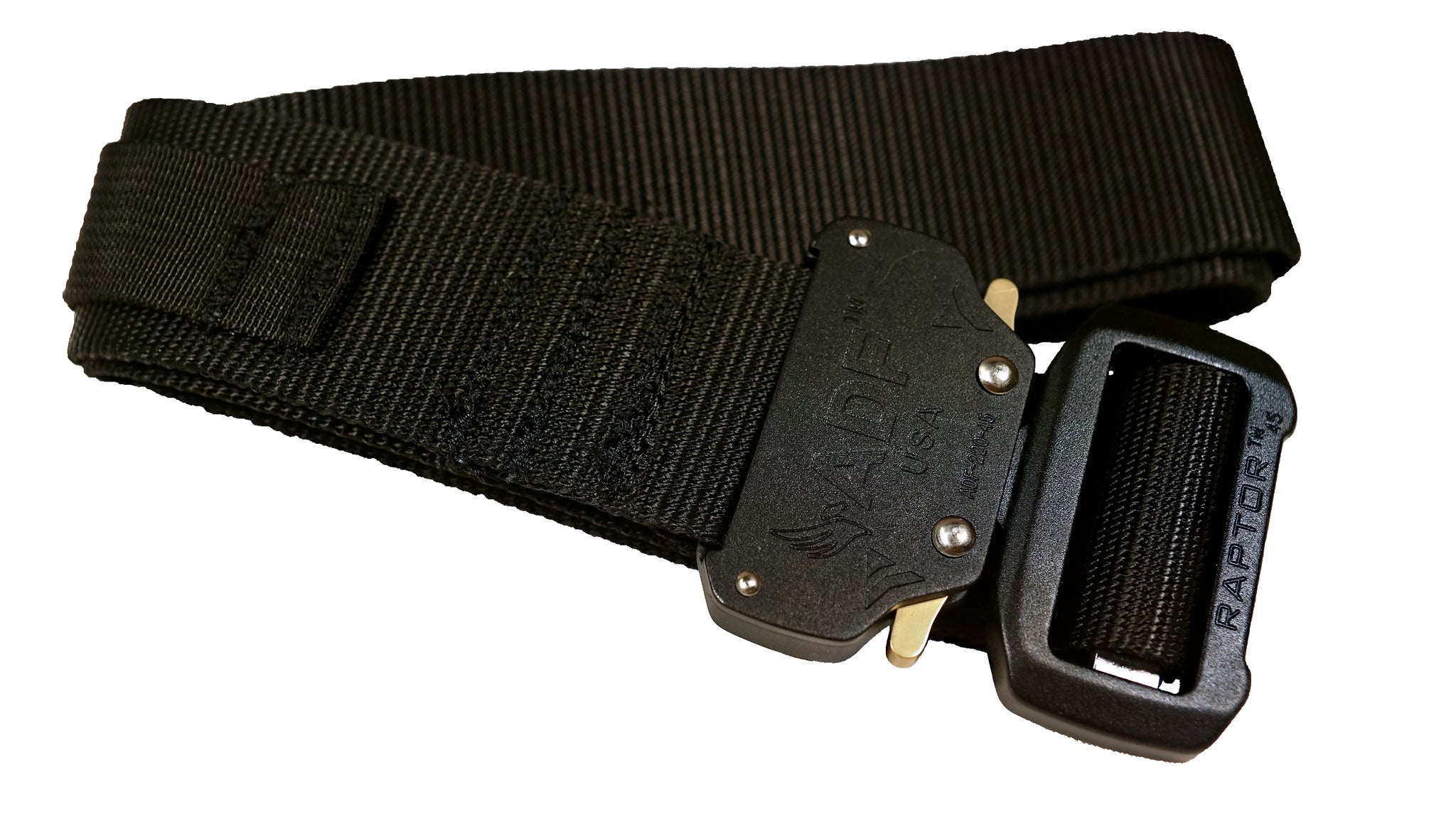 Black rigger’s style belt with added nylon loop and metal hook to secure a ThermoLuminescent Dosimeter or TLD.
