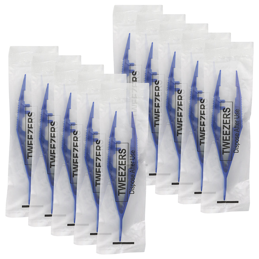 A pair of blue tweezers sealed in a clear plastic bag with the word 'TWEEZERS' printed on the front, shown on a plain white background.