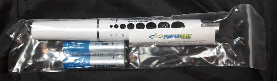PrimaCare white reusable LED penlight diagnostic pen in its original retail packaging, featuring a green top border and blue branding.