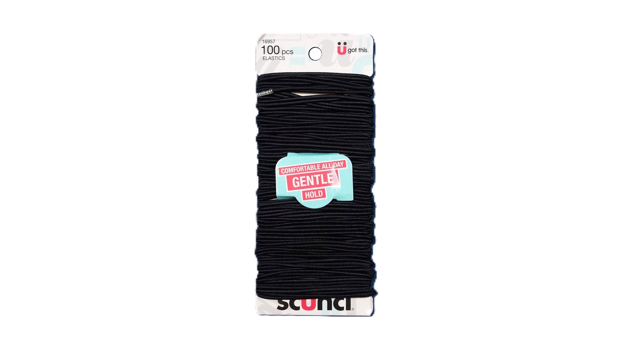A package of black elastic hair ties, 100 pieces, on a white card with a 'Gentle' label, shown against a plain white background.