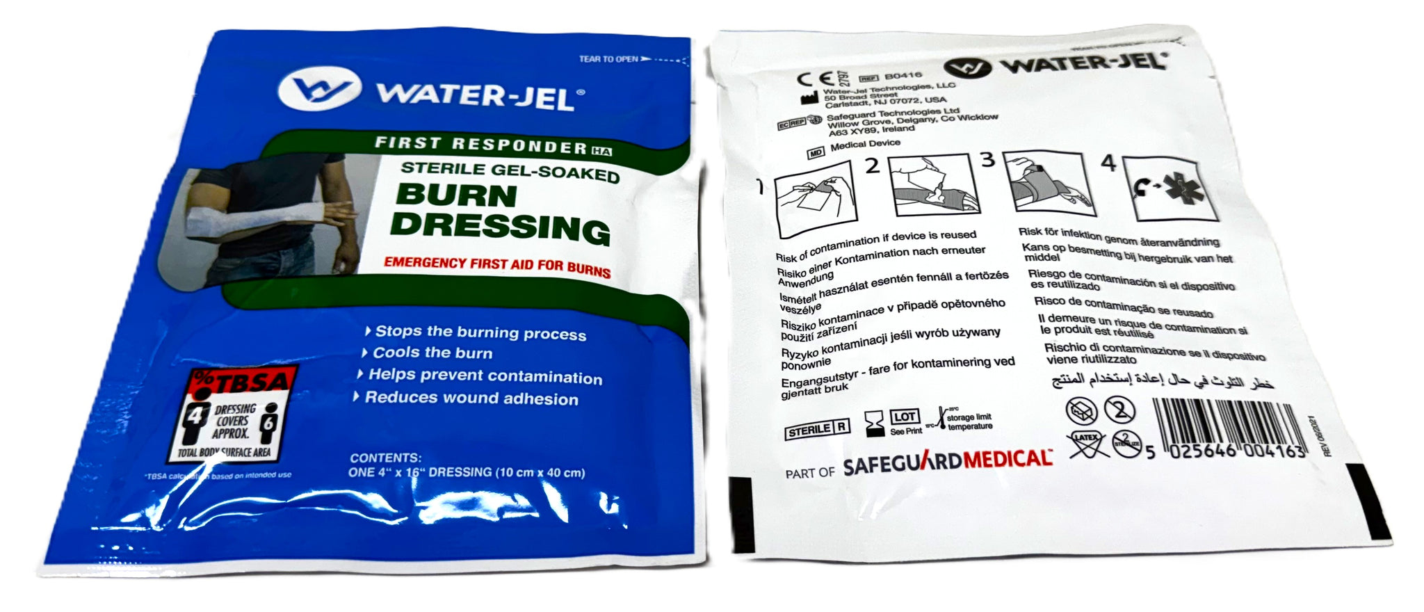 One blue front-facing packet and one white back-facing packet with printed instructions and branding shown side by side on a white background. Size is 4"x16"