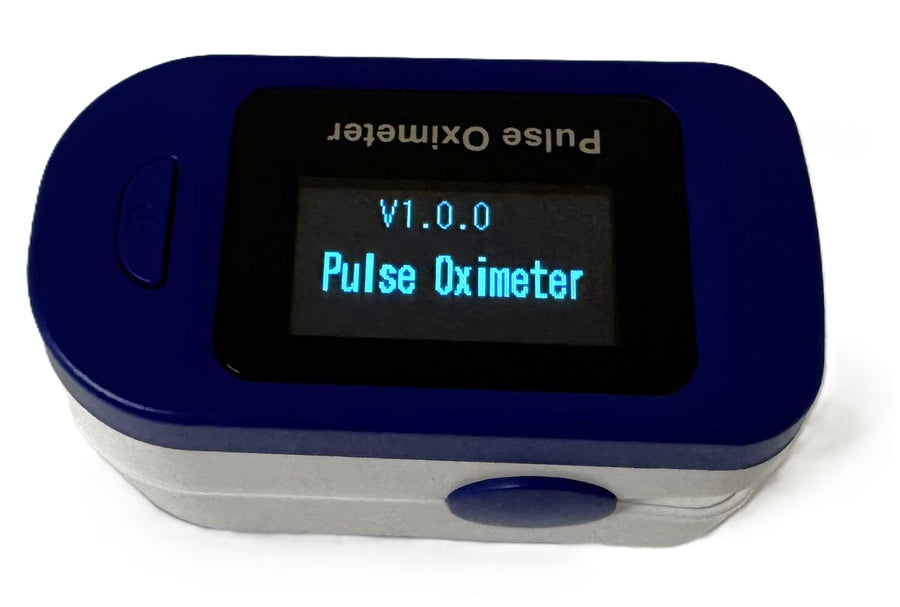 A blue pulse oximeter shown with its certificate, user manual, and accessories on a solid black background.
