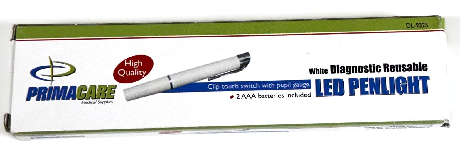 PrimaCare white reusable LED penlight diagnostic pen in its original retail packaging, featuring a green top border and blue branding.