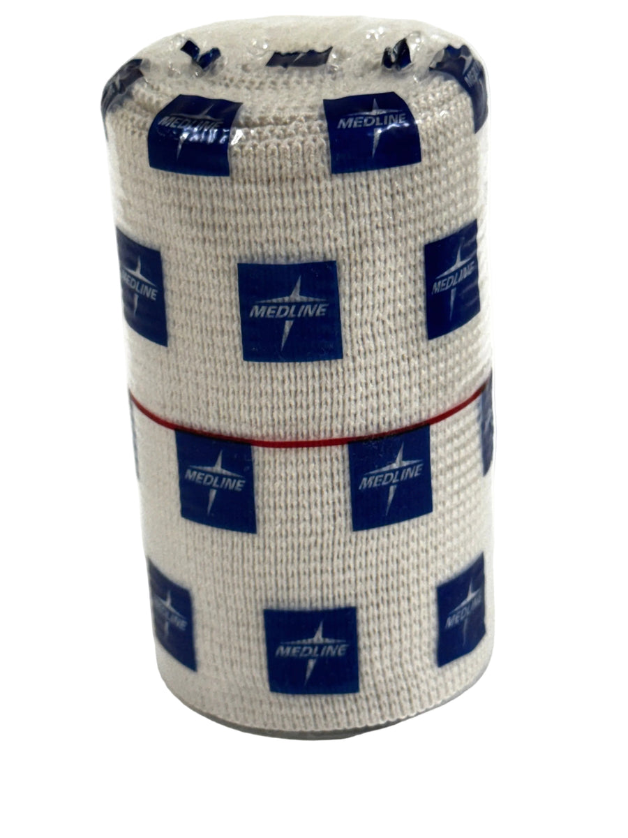 Three rolls of beige woven medical bandage tape with blue Medline logos, packaged in a clear plastic bag on a white background.