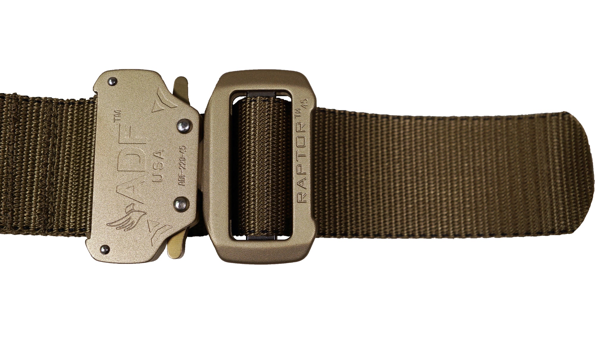 Tan/Coyote DBF Belt: Zoomed-in view of Raptor buckle with rivets and quick release latches.