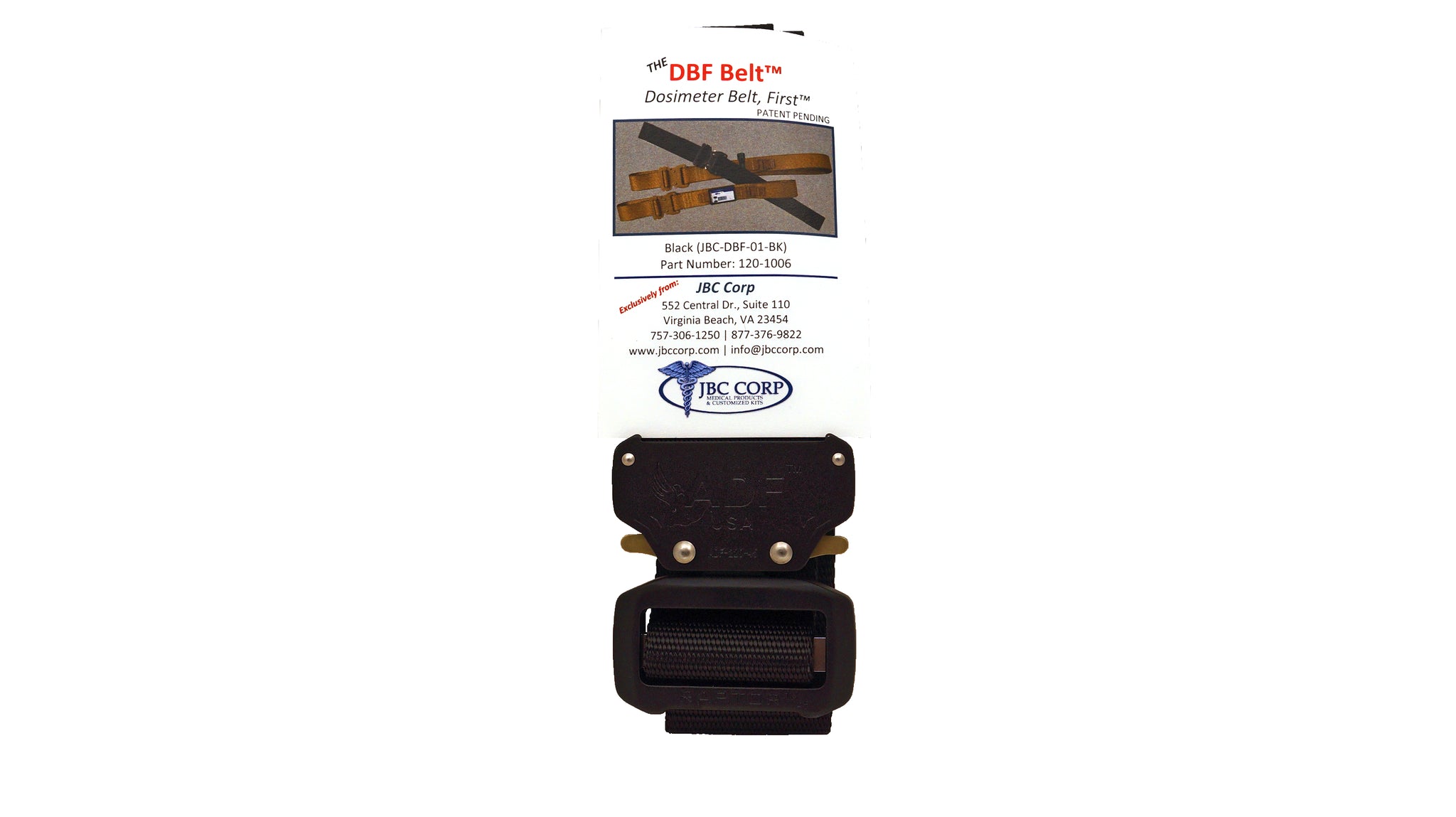 Black rigger’s style belt with added nylon loop and metal hook to secure a ThermoLuminescent Dosimeter or TLD.