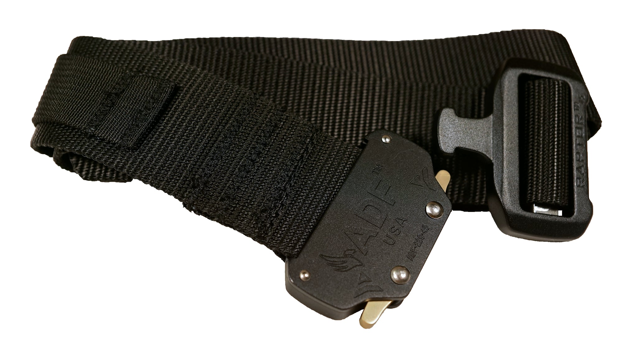 Black rigger’s style belt with added nylon loop and metal hook to secure a ThermoLuminescent Dosimeter or TLD.