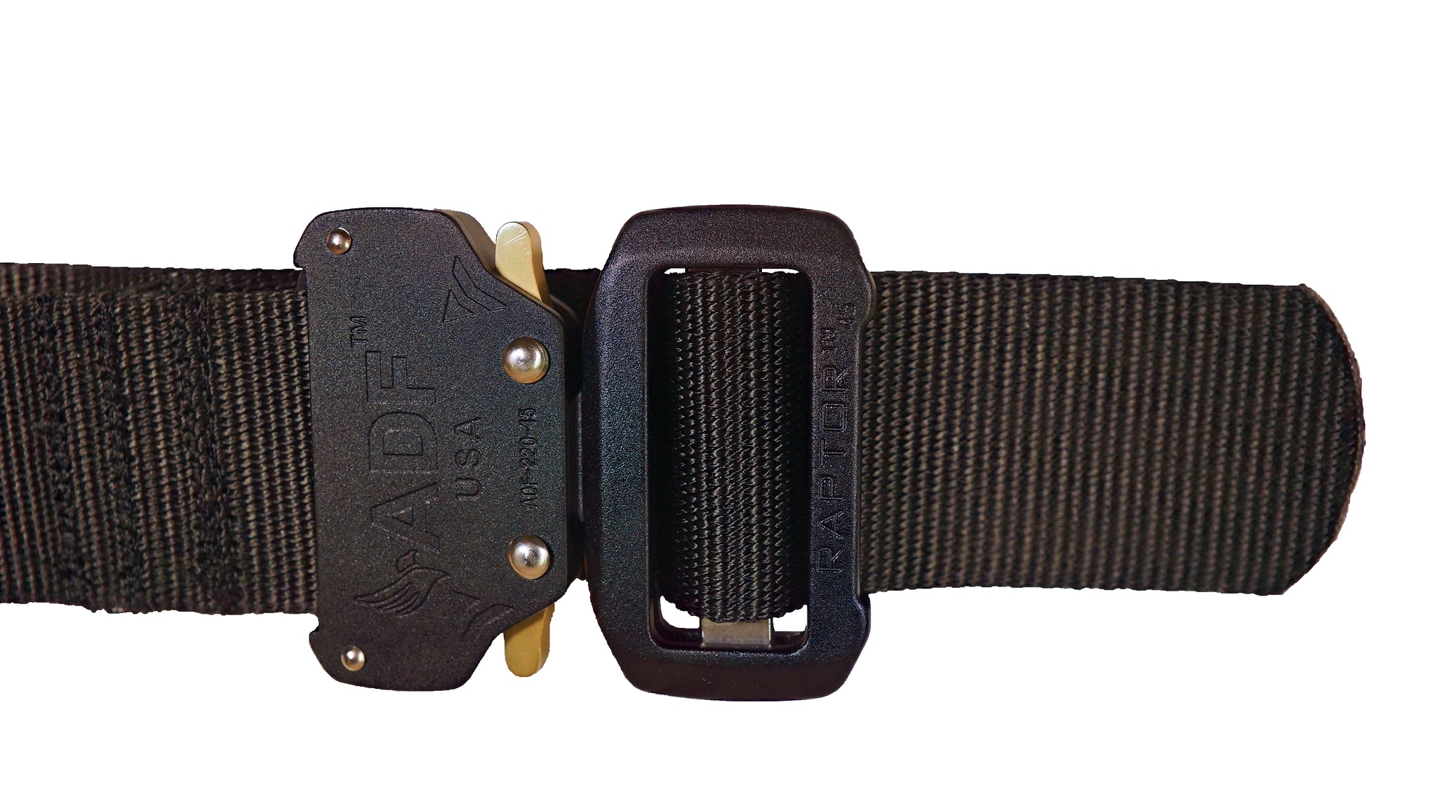 Black DBF Belt: Zoomed-in view of Raptor buckle with rivets and quick-release latches