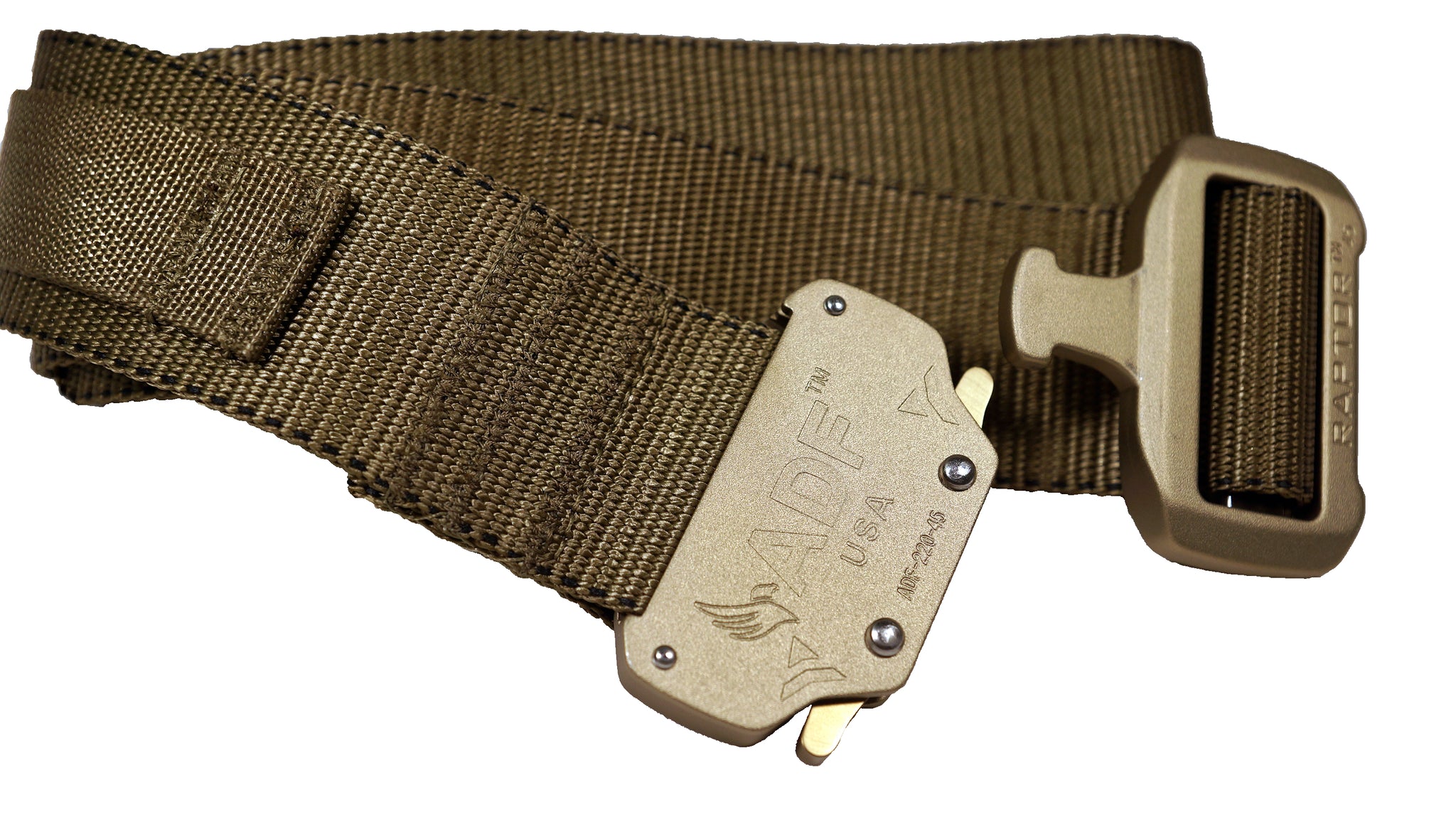 Tan/Coyote rigger’s style belt with added nylon loop and metal hook to secure a ThermoLuminescent Dosimeter or TLD.