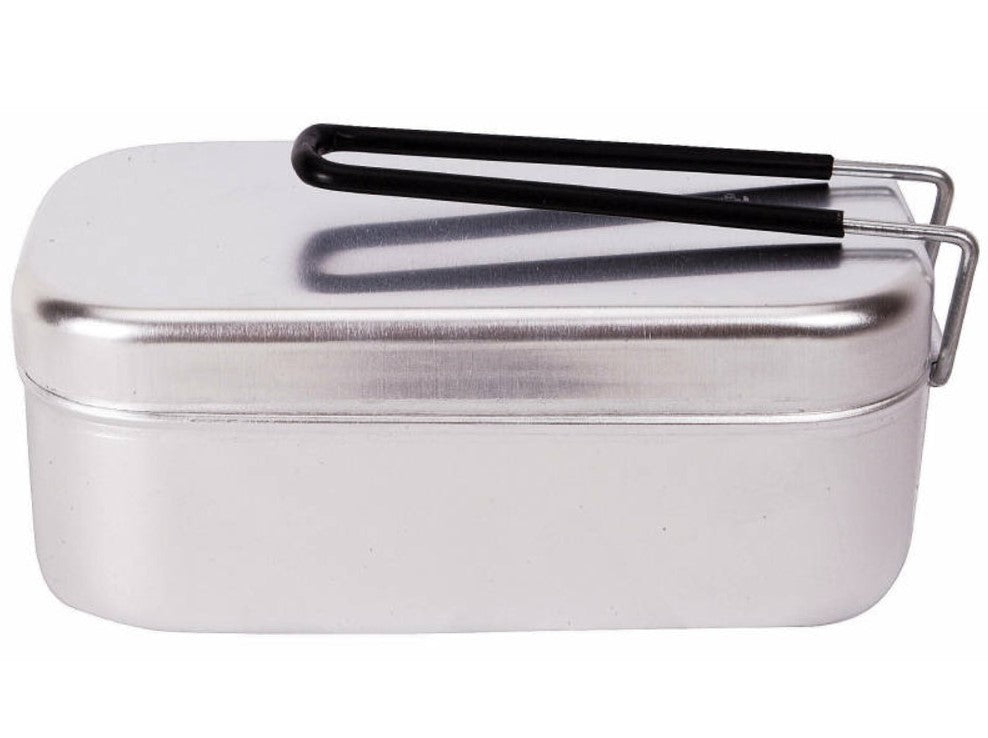 Aluminum Mess Tin with tight fitting lid and foldable handle.