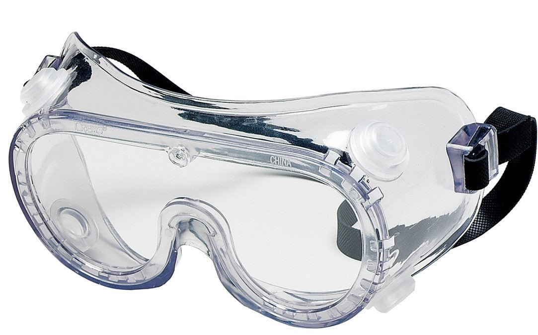 A picture of the goggles showing an indirect vented transparent PVC body that protects against impact and a rubber headband strap that is comfortable and flexible.